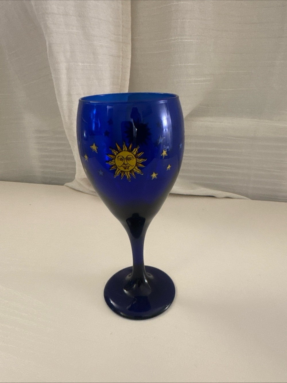 Vintage Libby Cobalt Blue Celestial Sun & Stars and Moon Decorative Wine Glass